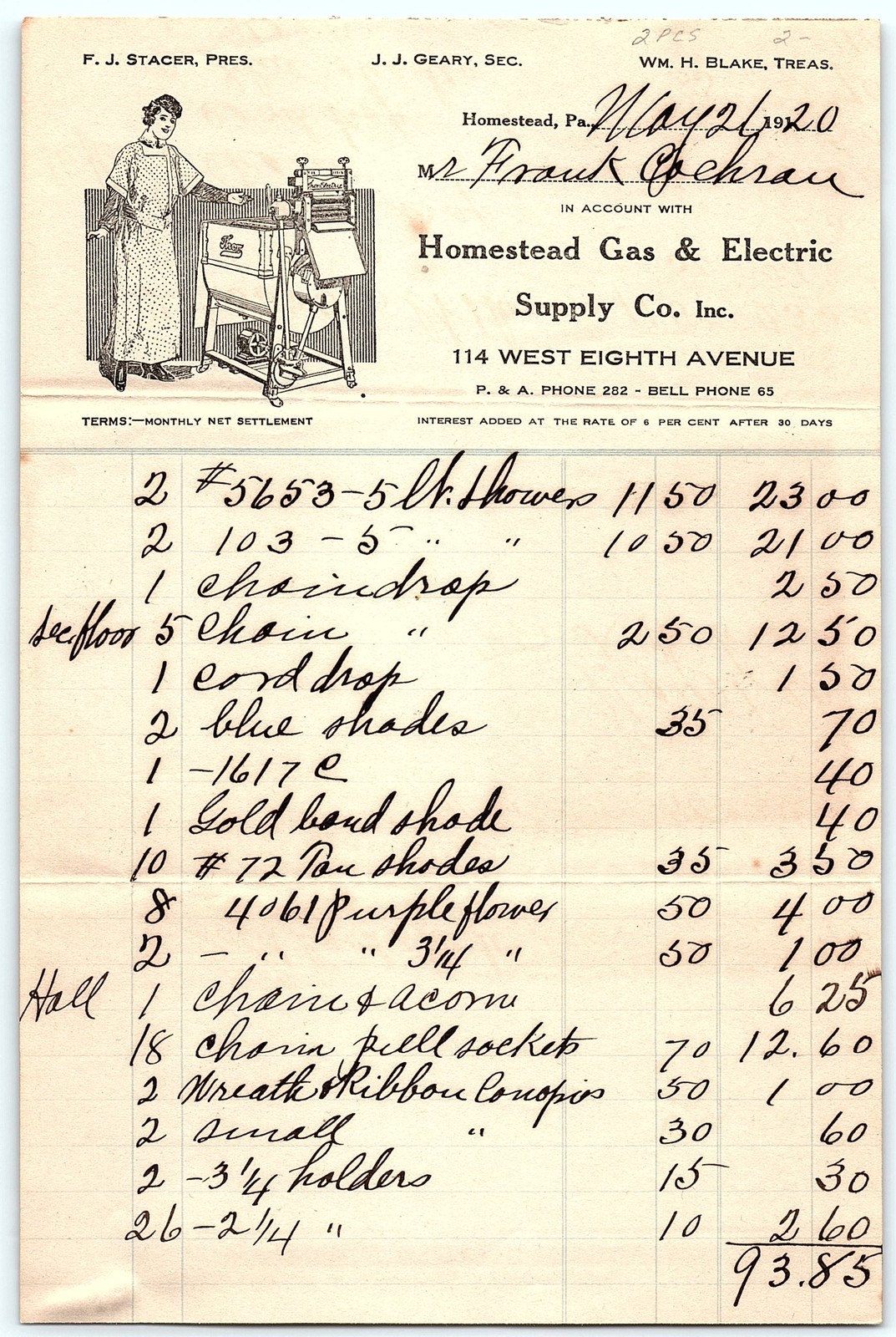 1920 Homestead Gas & Electric billhead w/illustration