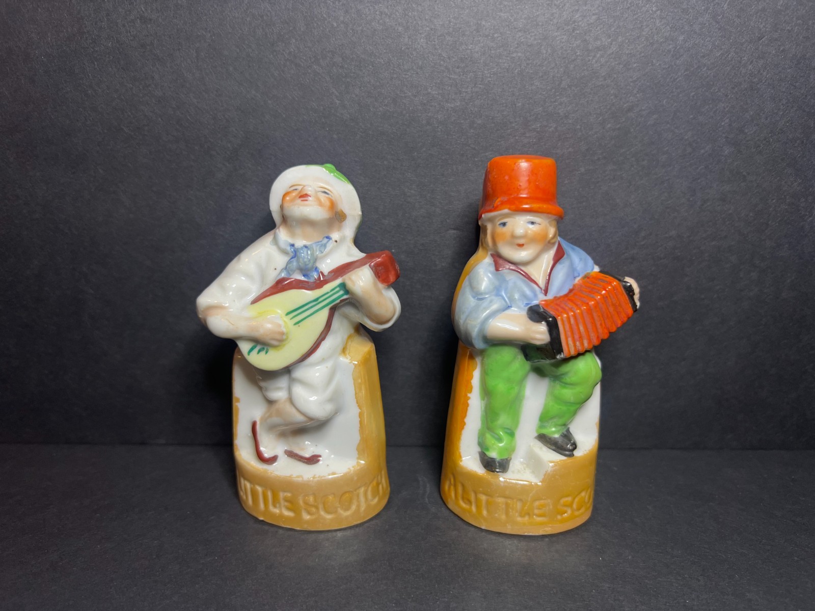 VTG Set of 2 Little Scotch Figural Bottle Flask Men Guitarist & Accordion Player