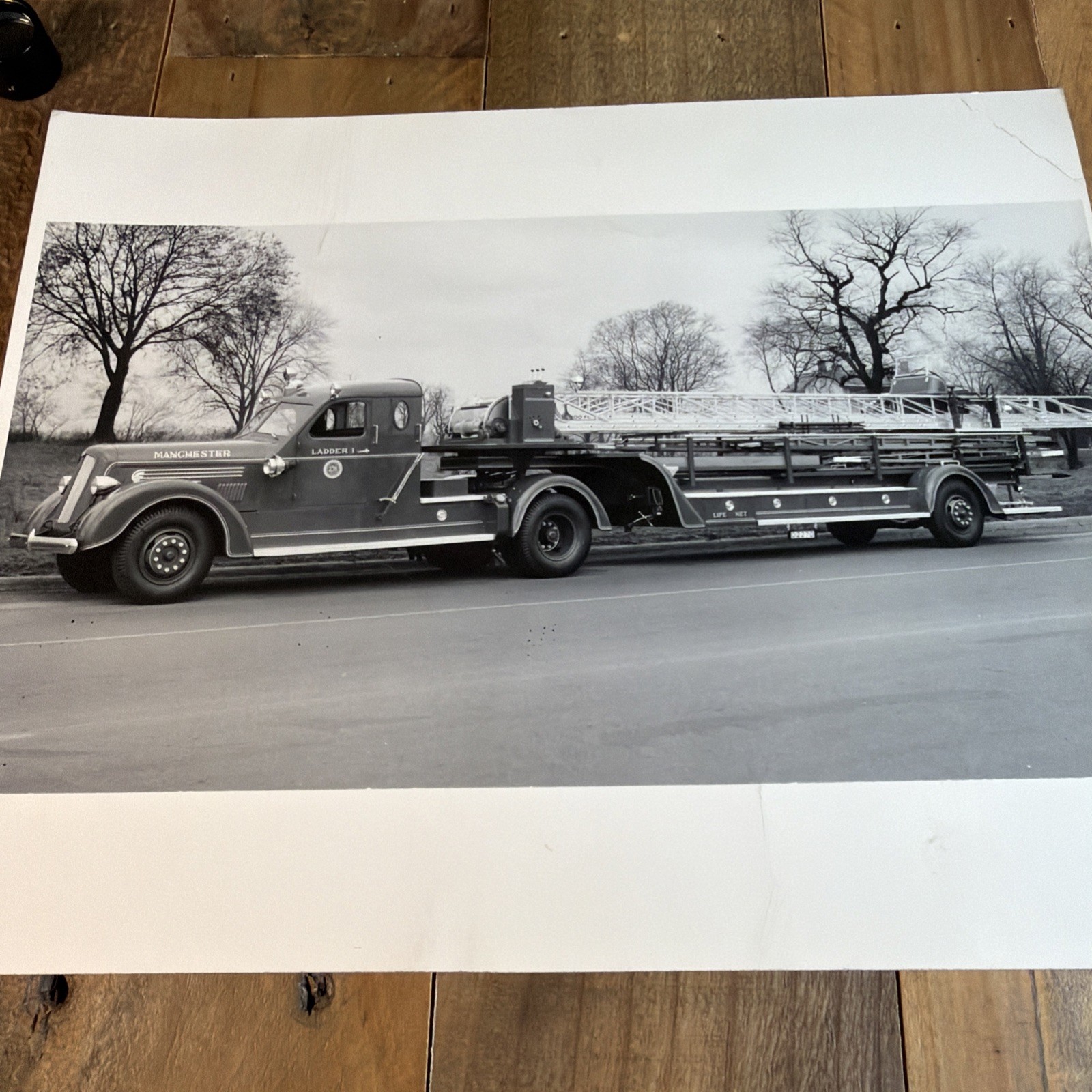Vintage Manchester NH Fire Dept 8x10 Silver Gelatin Photo 100 Ft Tiller Truck