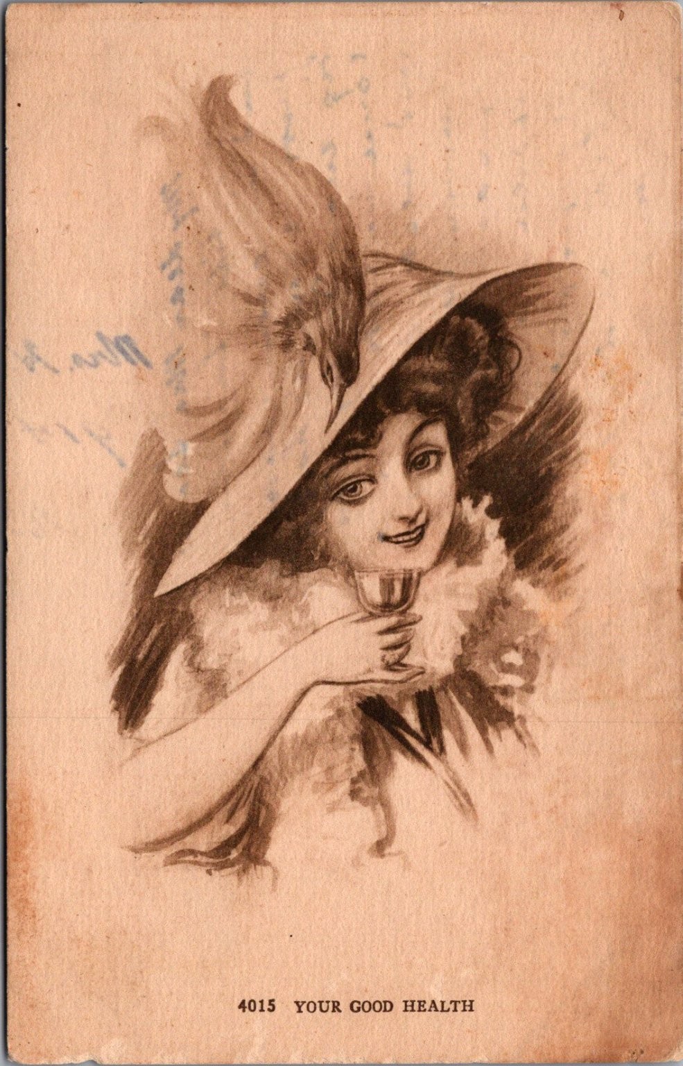 1909 YOUR GOOD HEALTH Woman Feathered Hat Waupaca WI Postcard