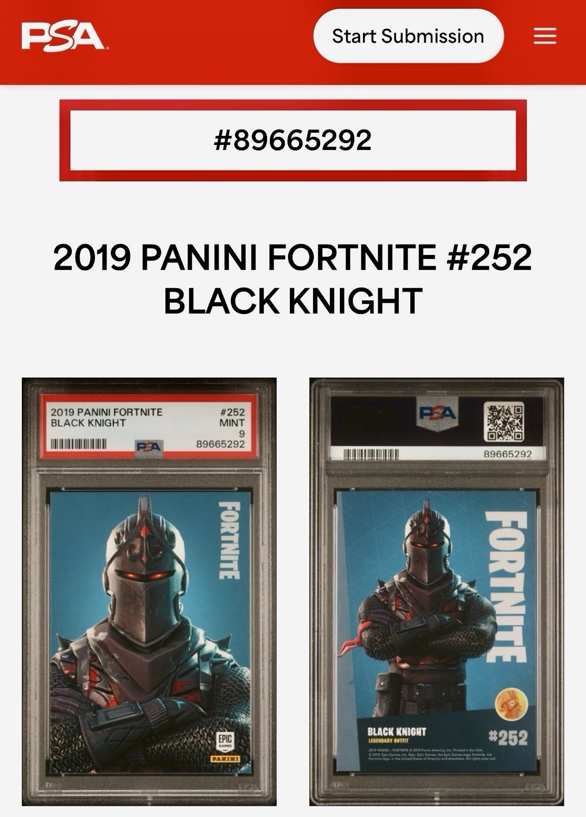 2019 Panini Fortnite Series 1 Black Knight #252 PSA 9/ 10 Non Holo Foil USA ‼️🚨