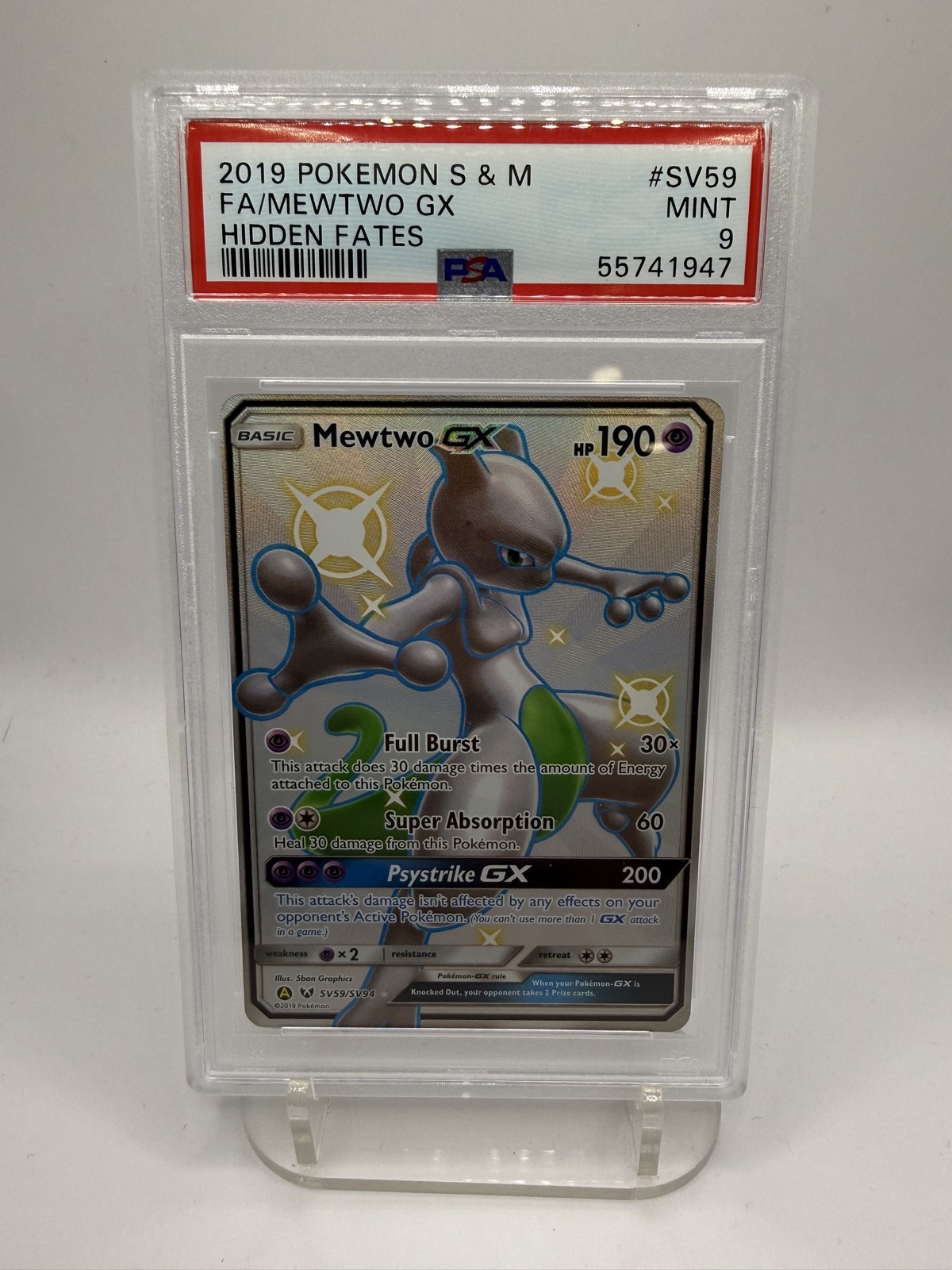 Mewtwo GX Sv59/Sv94 Hidden Fates: Shiny Vault Holo PSA 9