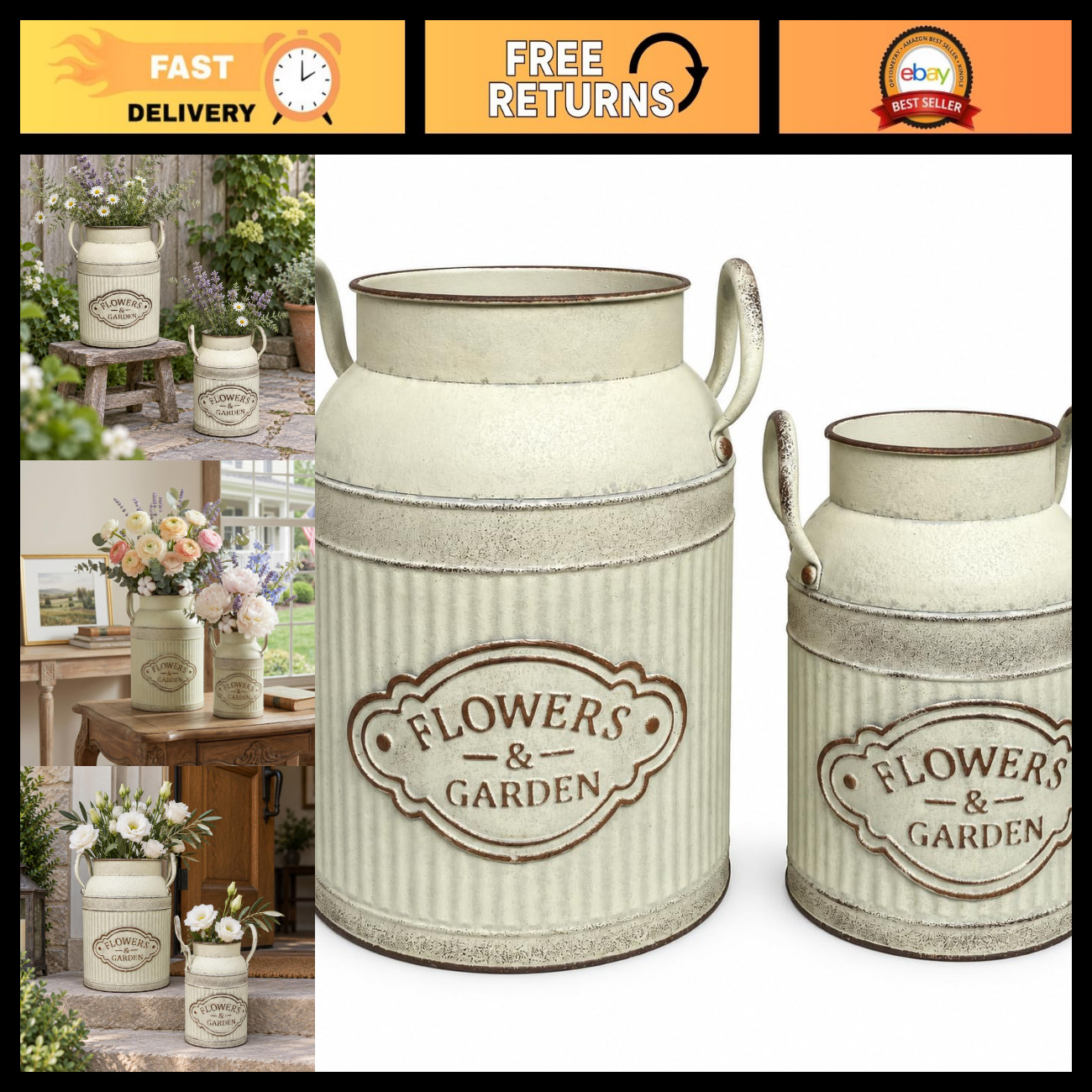 Set of 2 Vintage White Farmhouse Milk Can Vases, Rustic Galvanized Jug Decor Set of 2 Vintage White Farmhouse Milk Can Vases, Rustic Galvanized Jug Decor