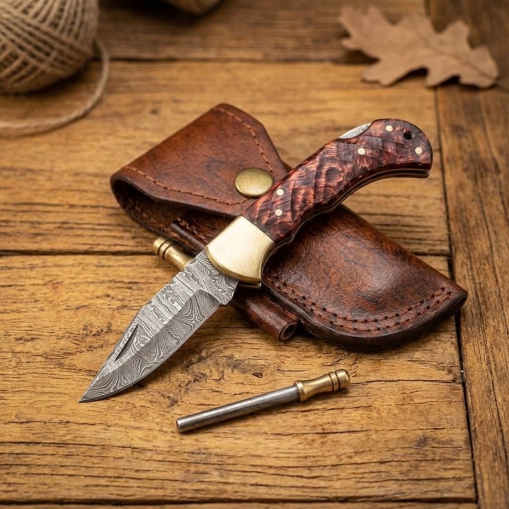 Handmade Damascus Steel Folding Pocket Knife Lockback Hunting EDC Knife Sheath Handmade Damascus Steel Folding Pocket Knife Lockback Hunting EDC Knife Sheath