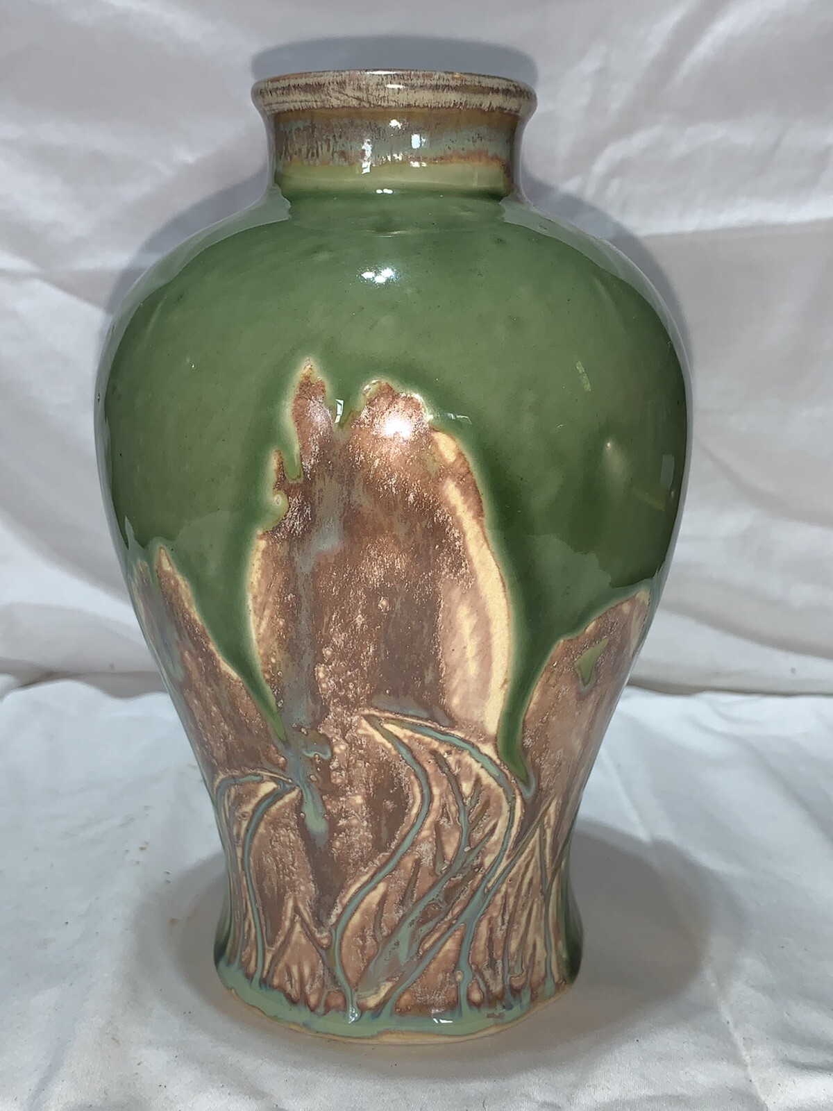 7” Tall Pottery Vase Drip Glaze Etched Base, Brown-Green Maker Unknown 7” Tall Pottery Vase Drip Glaze Etched Base, Brown-Green Maker Unknown
