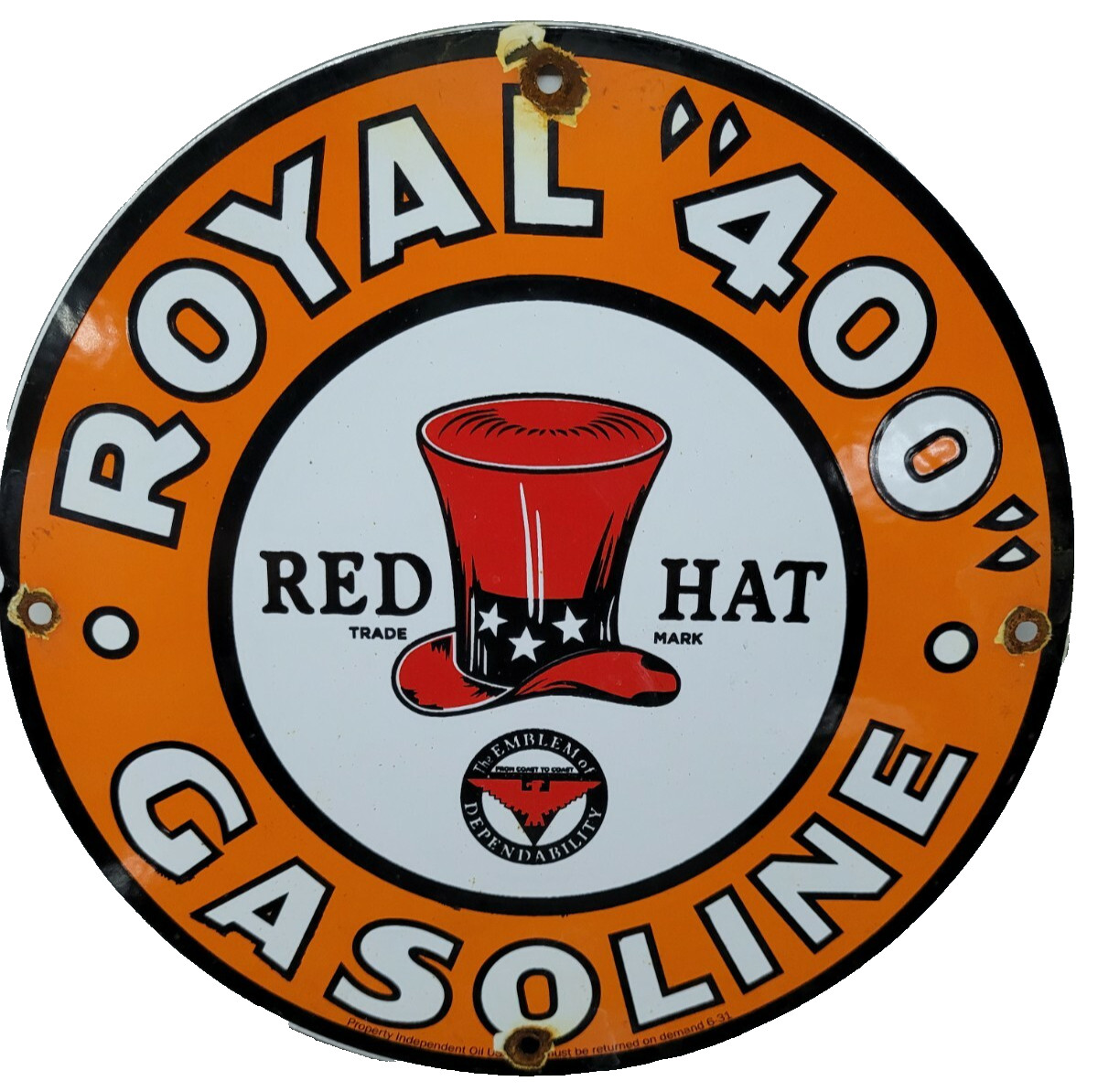VINTAGE RED HAT PORCELAIN SIGN ROYAL 400 GAS STATION PUMP PLATE OIL FUEL GARAGE