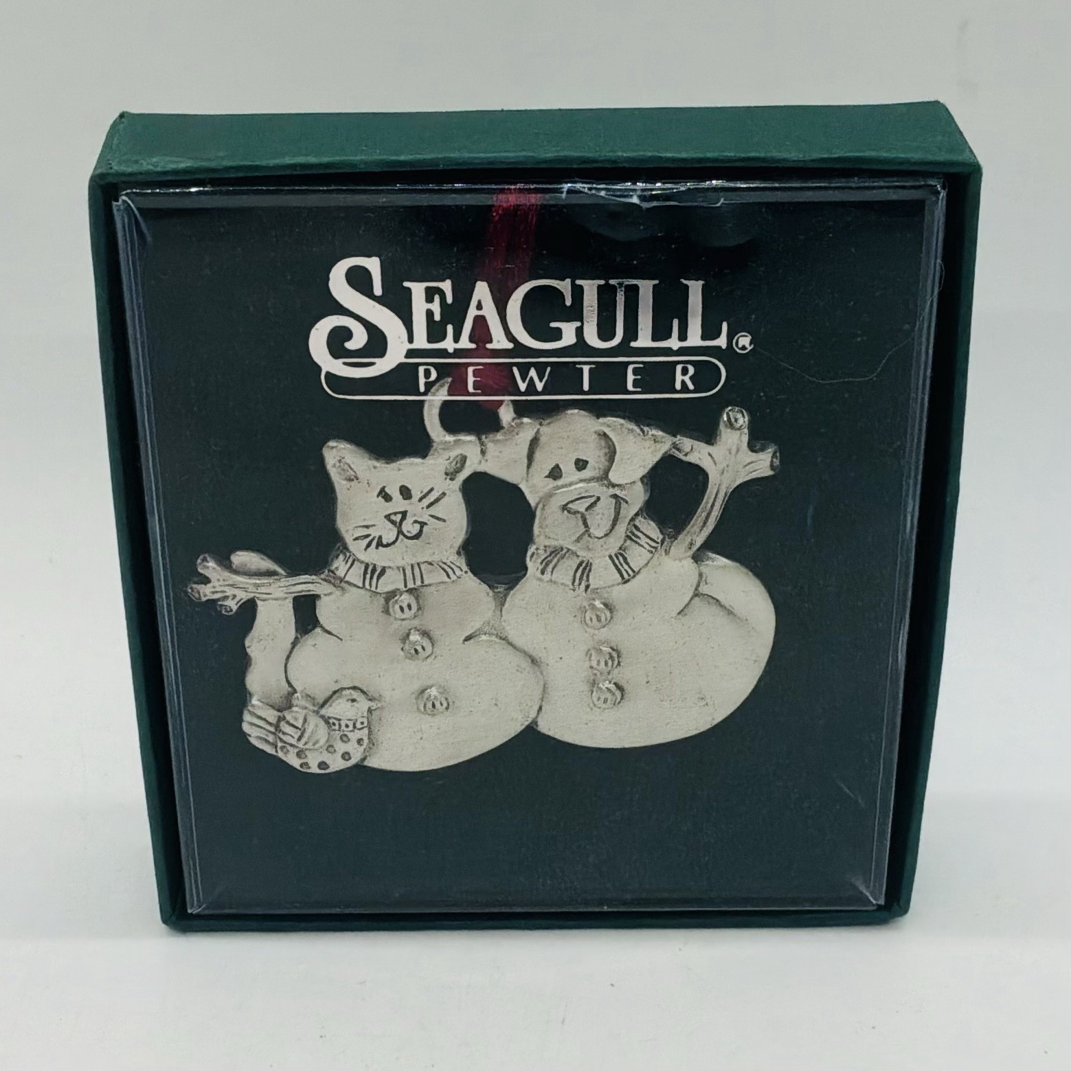 Vintage Cat & Dog With Bird Snowmen PEWTER Christmas Ornament By Seagull Canada