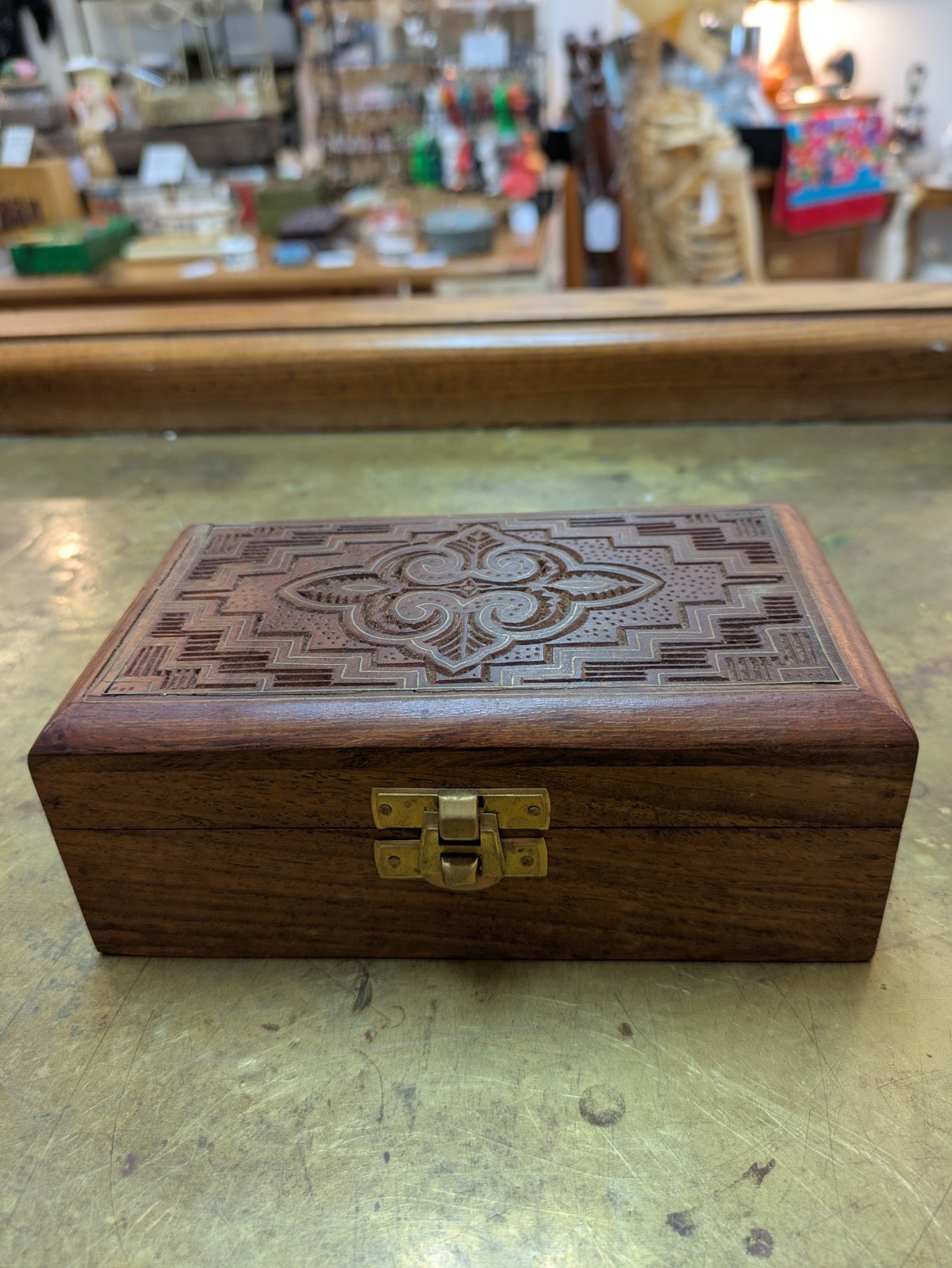 Vintage Hand Carved Wooden Jewelry Box / Keepsake Trinket Chest with Brass Clasp Vintage Hand Carved Wooden Jewelry Box / Keepsake Trinket Chest with Brass Clasp