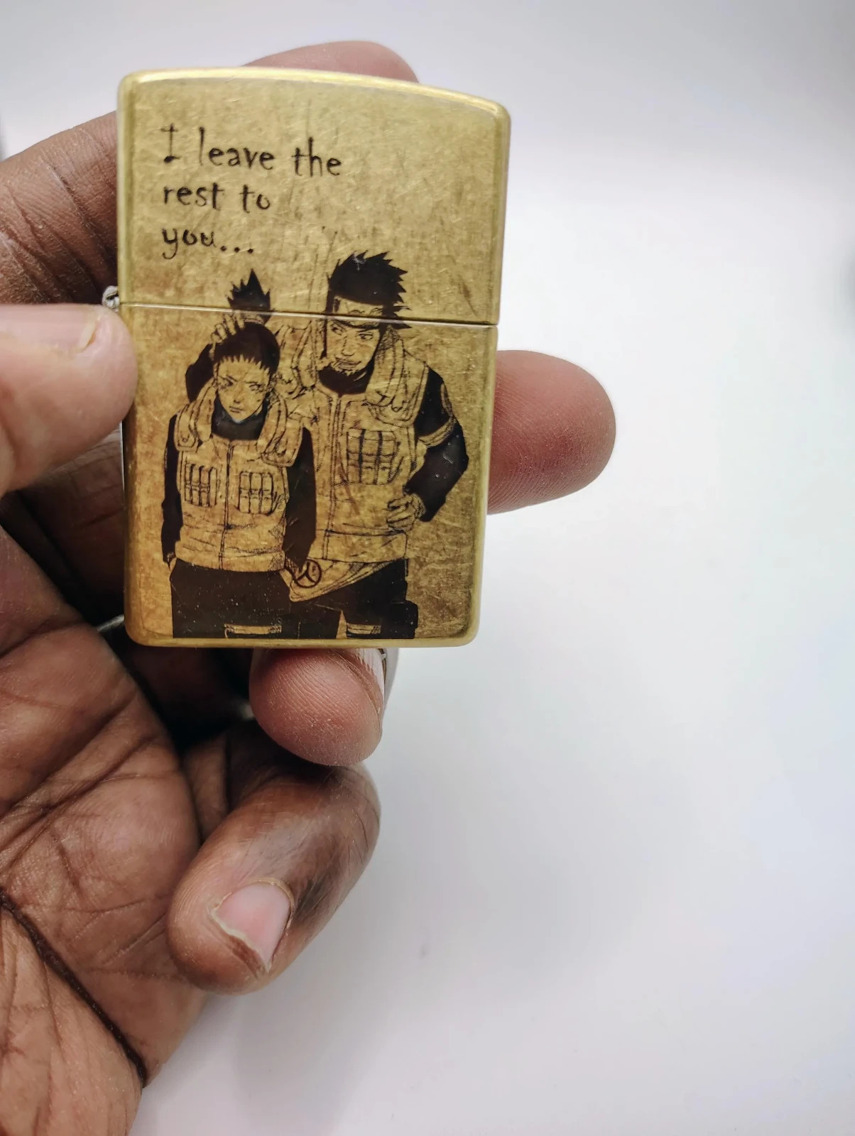 Brass Engraved Lighter – Shadow Strategy Anime Design | Laser Etched