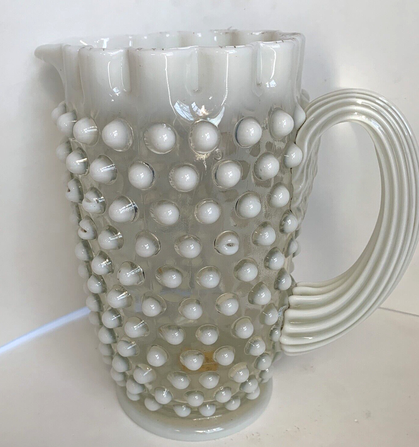 Opalescent White Ruffle Top Hobnail Handle Handblown Glass Pitcher 8