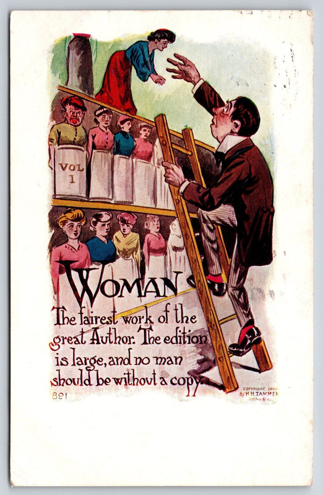 Comic~Man Gets Woman By Great Author Off Shelf~HH Tammen~c1910 Vintage Postcard