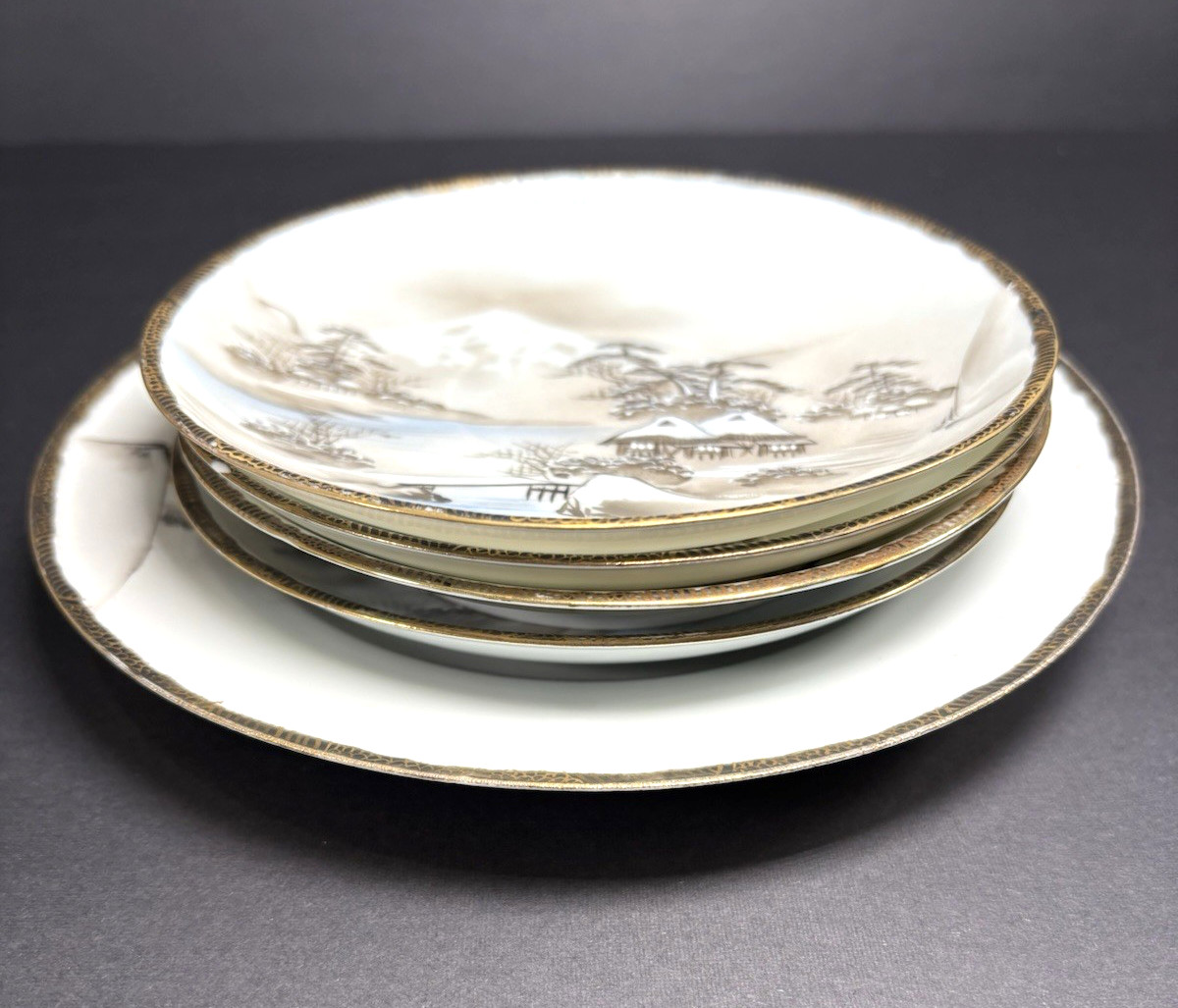 Set of 5 Antique Japanese Plates Eggshell Thin Porcelain Mountain Village Scene