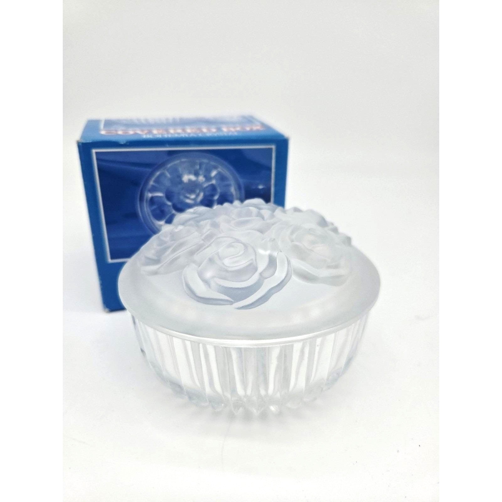 Vintage Bohemian Crystal Powder Dish Trinket Jar Raised Rose Frosted Lid 4.5x3.5