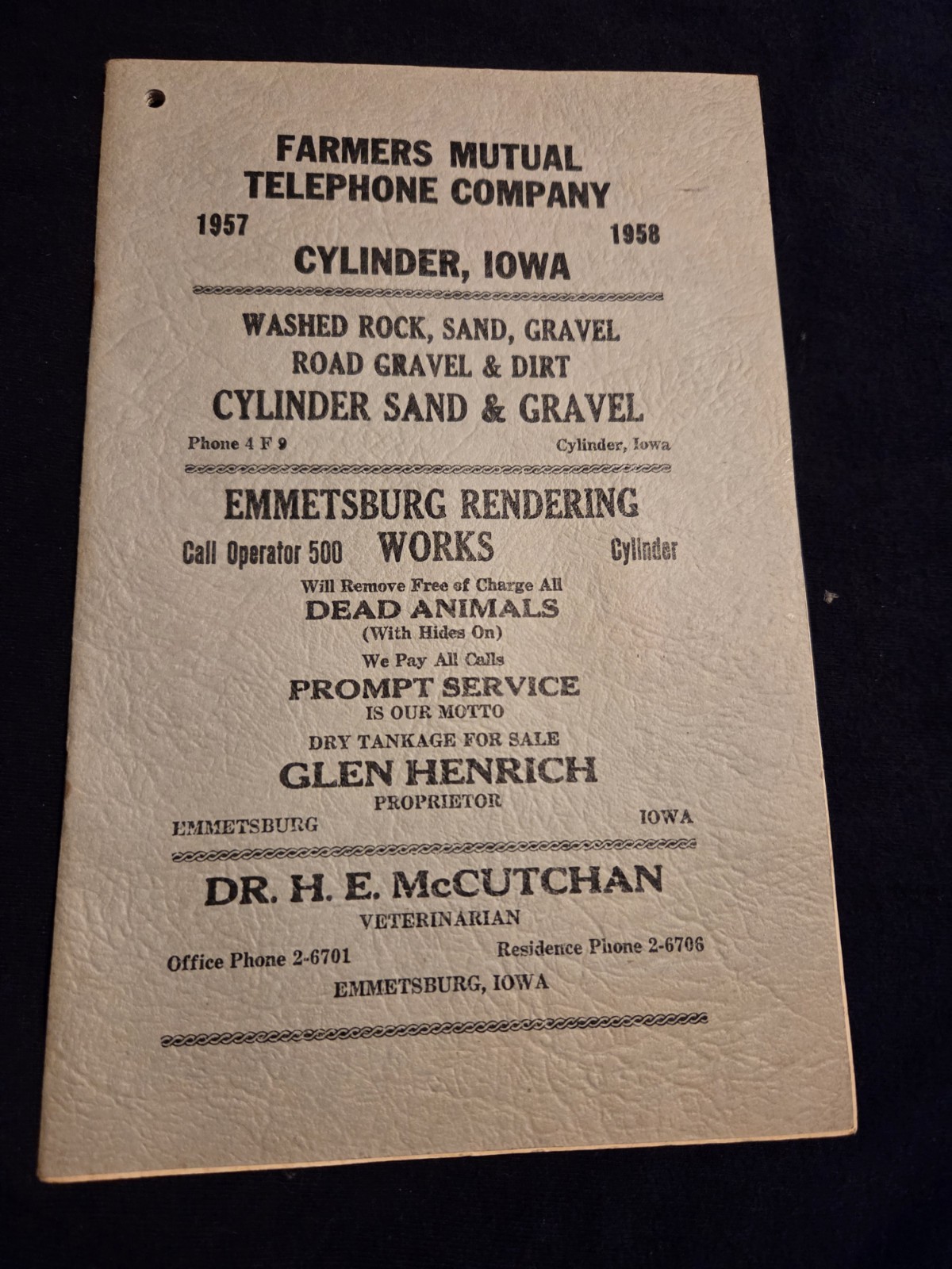 1957-58 Cylinder Iowa Telephone Directory Emmetsburg Fenton Depew Advertising 1957-58 Cylinder Iowa Telephone Directory Emmetsburg Fenton Depew Advertising
