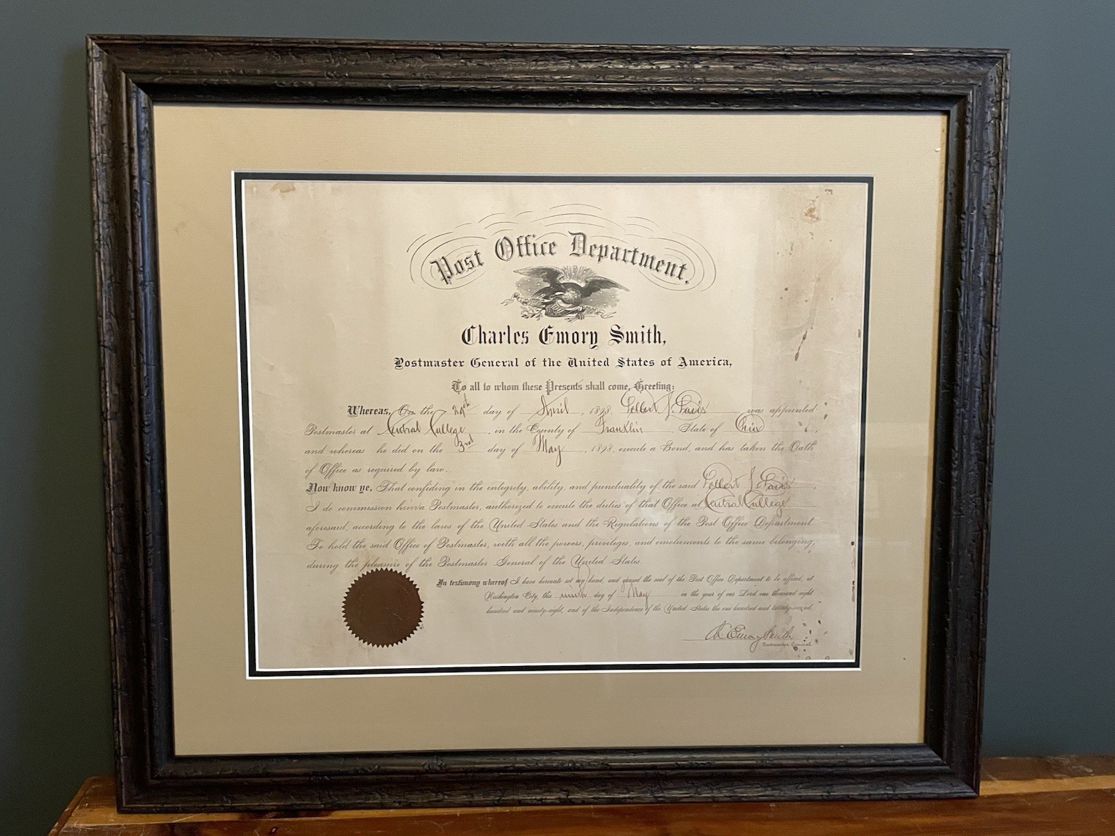 US  Ohio Postmaster Appointment General Signed Document Charles E. Smith 1898
