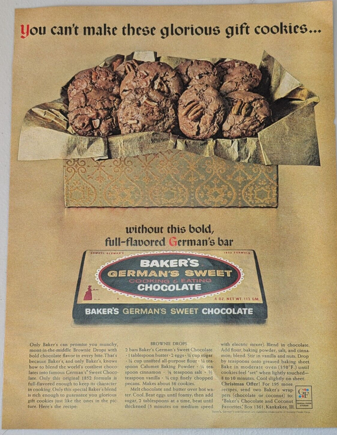 1963 Baker\'s Vintage Print Ad Chocolate German Sweet Cookies Gift Box Foil Gold