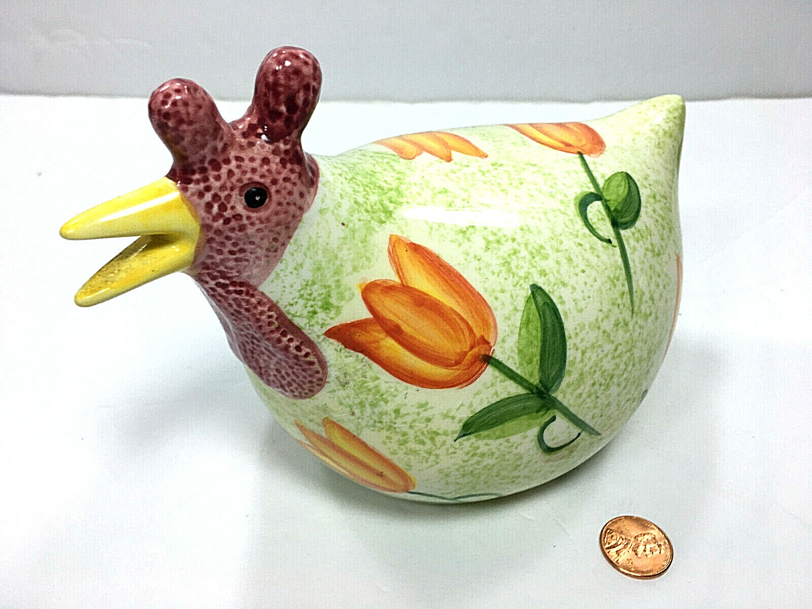 Vintage 1999 Ceramic Floral Rooster Hen Handpainted Figurine 5\