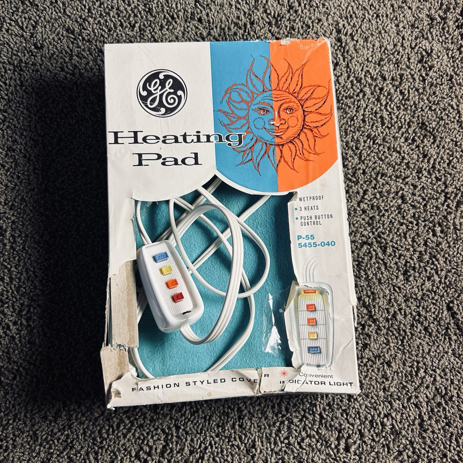 Vtg GE Automatic Heating Pad Model P55 Blue Cloth Cover & Original Box Tested