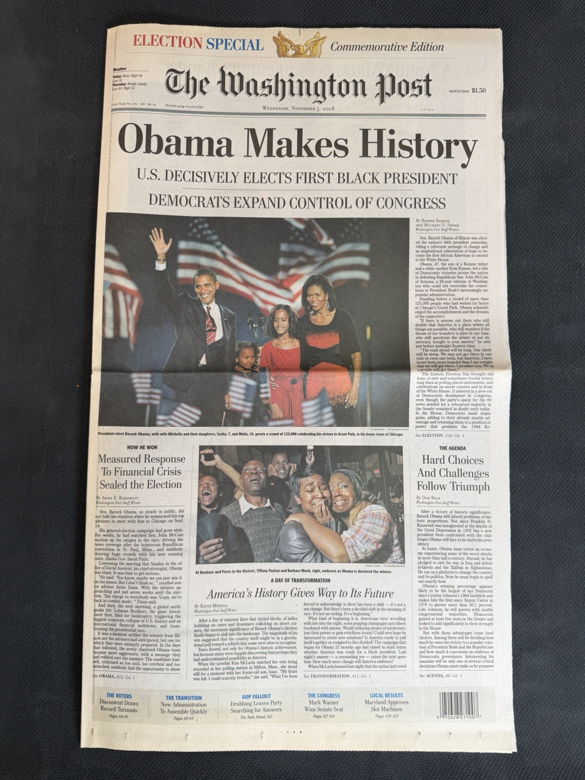 President Obama Elected Washington Post Commemorative Newspaper President Obama Elected Washington Post Commemorative Newspaper