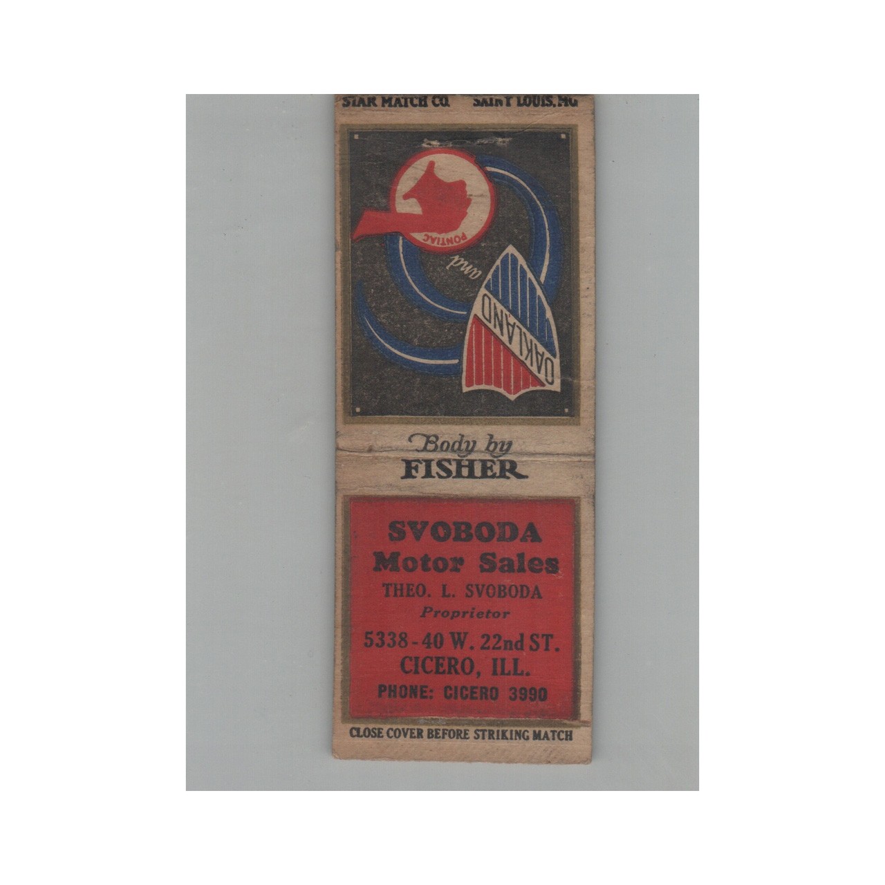 1930s DQ Matchbook Cover No Striker Pontiac Dealer Svoboda Motor Sales Cicero IL