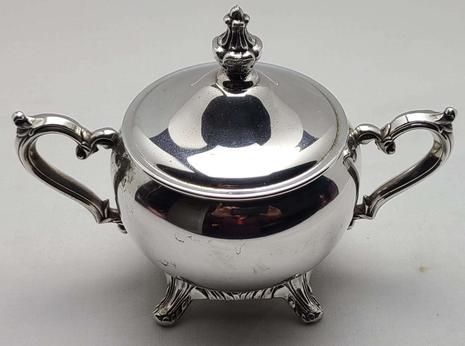 Vintage Sugar Bowl with Lid  Silverplate – Ornate Scroll Handles – Footed