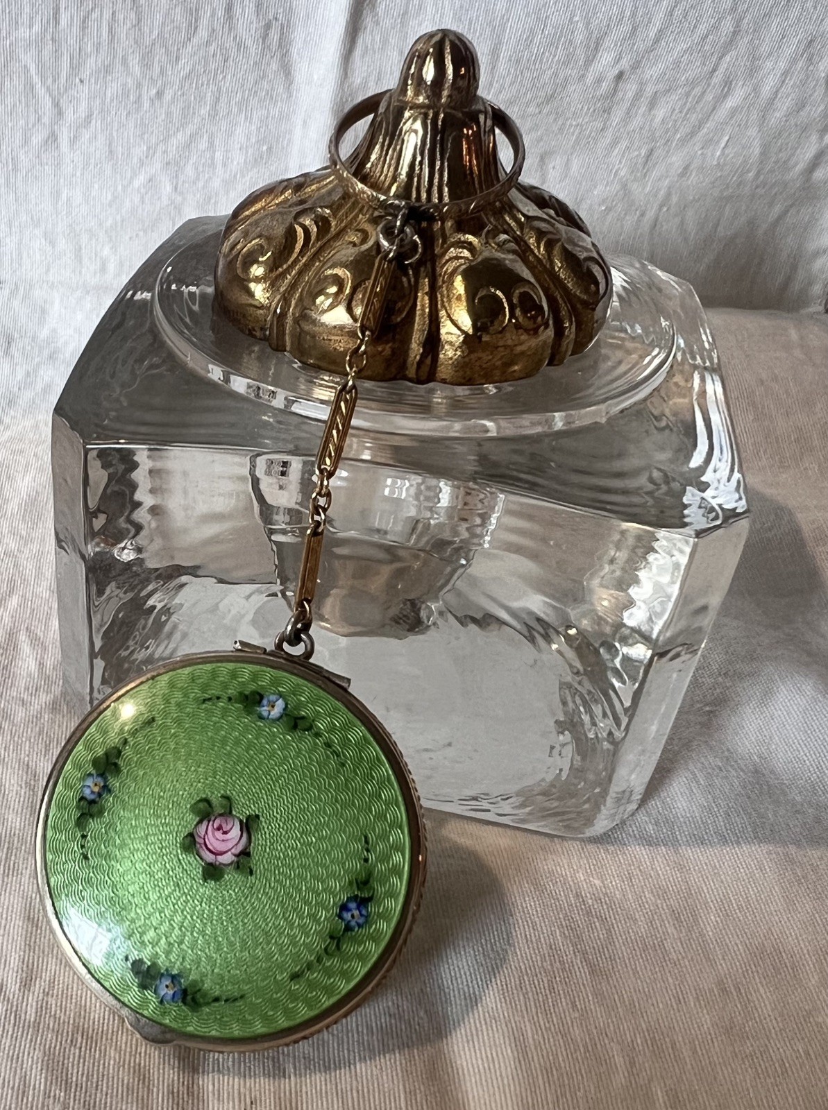 Antique Art Deco Guilloche Enamel Compact Finger Ring & Chain Double Sided 