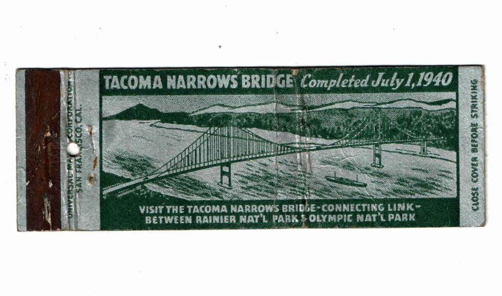 Xrare 1940 GALLOPING GERTIE Narrows Bridge Matchbook, Tacoma WA COLLAPSED BRIDGE Xrare 1940 GALLOPING GERTIE Narrows Bridge Matchbook, Tacoma WA COLLAPSED BRIDGE