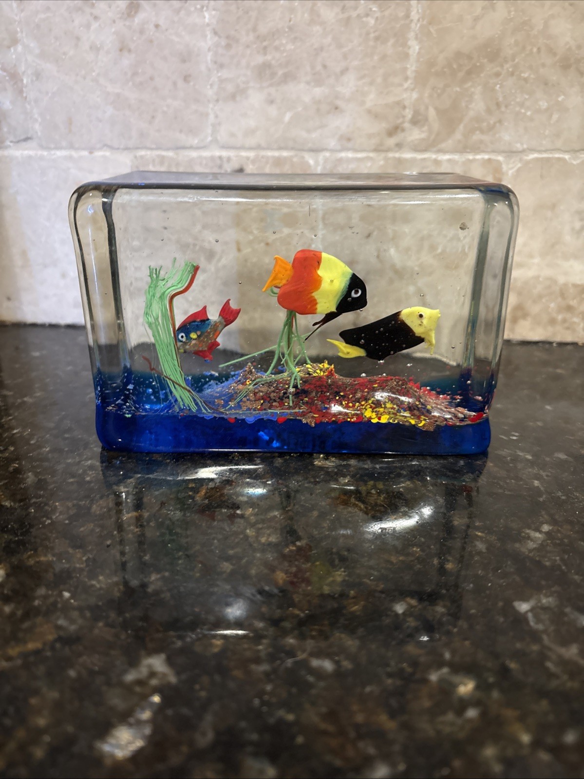 Murano Glass Fish Block Aquarium Three Fish 5 1/2” BEAUTIFUL Great Condition