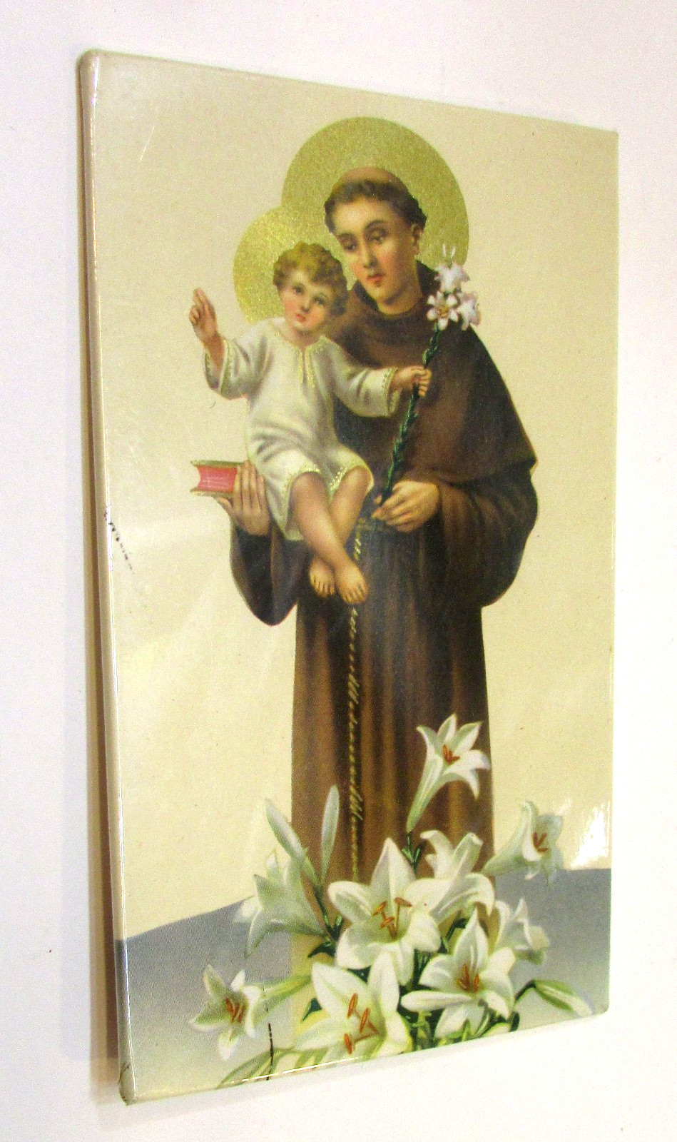 Old Saint Anthony of Padua Antique 1920\'s Enamel Printed Tin 3x5 Christian Icon