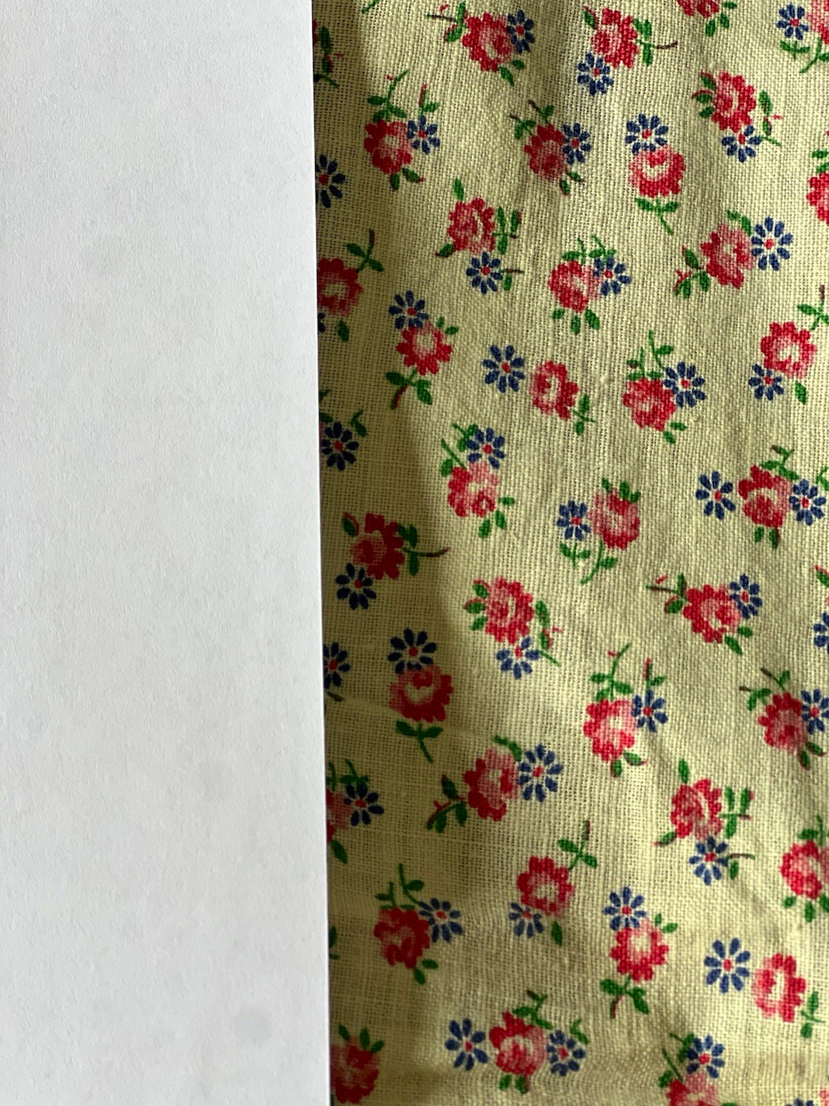 Vintage feedsack butter yellow with red small flowers full size