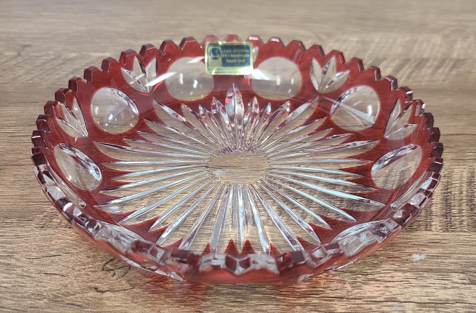Bohemian Crystal Ruby 6 Inch Dish Cut To Clear Lausitzer Glas East Germany
