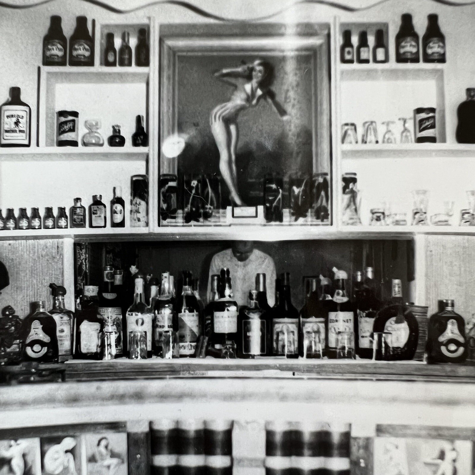 Vintage Snapshot Photograph Odd Man Cave Bar Pinup Collection Alcohol Reflection