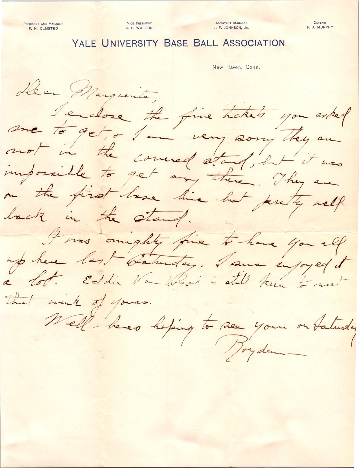 C1909 YALE UNIVERSITY BASEBALL ASSOCIATION LETTERHEAD message about tickets
