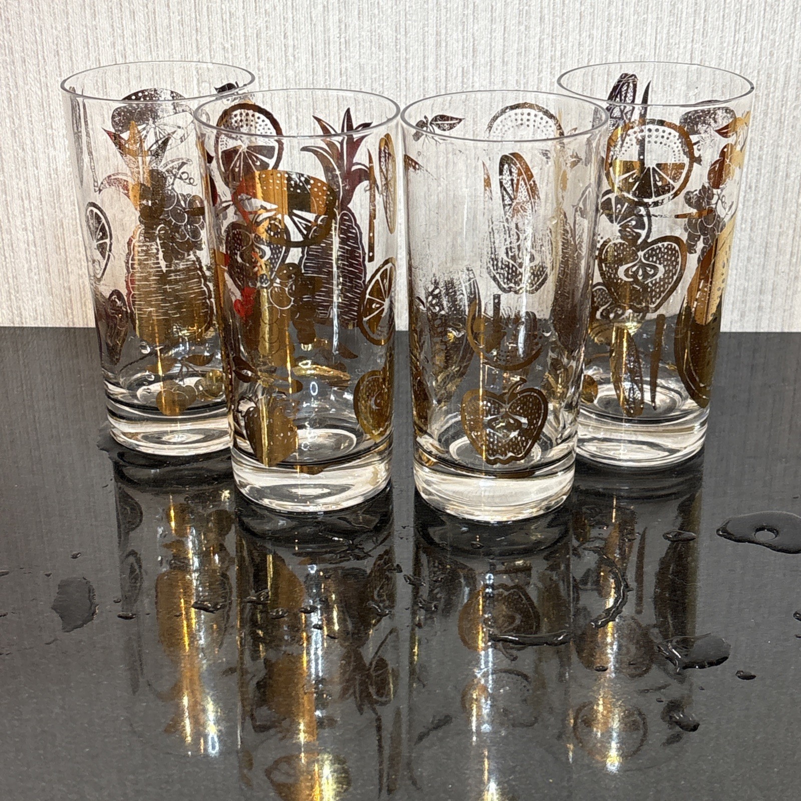 Vtg Culver 22K Gold Highball Glasses Florentine Fruits Set of 4 60s MCM Barware