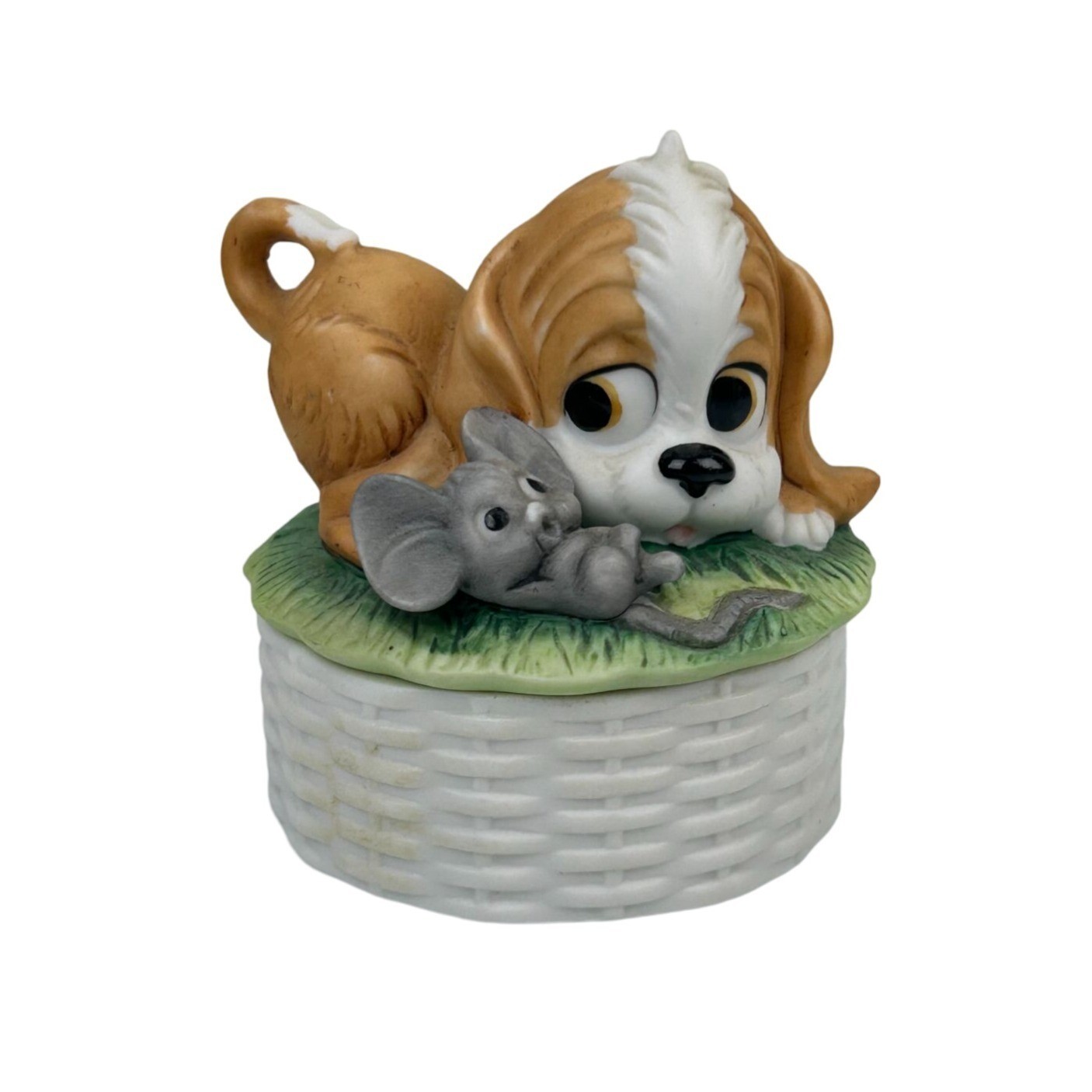 VTG Lund\'s Lites Puppy & Mouse Ceramic Bisque Trinket Box Candle Inside Taiwan