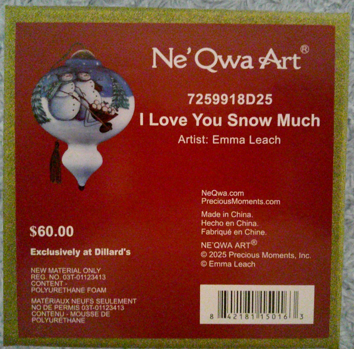 Ne'Qwa Dated 2025 Signed Emma Leach I LOVE YOU SNOW MUCH Christmas Ornament NIB