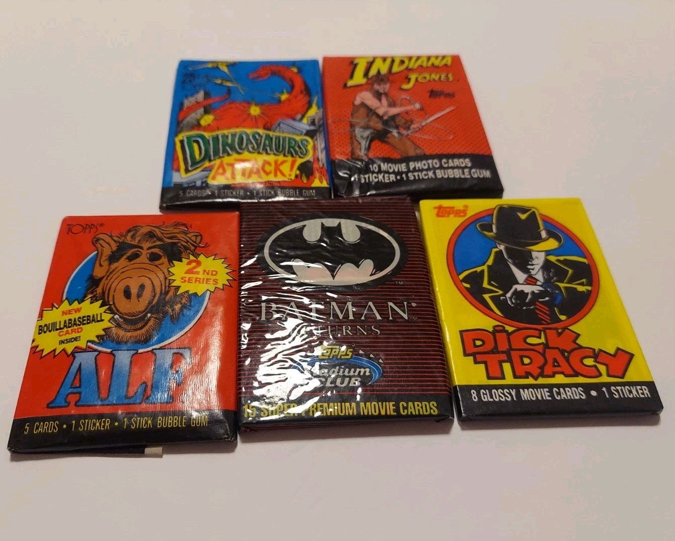 (5) Vintage Topps Wax Packs Indiana Jones , Batman, Alf, Dick Tracy, Dinosaurs