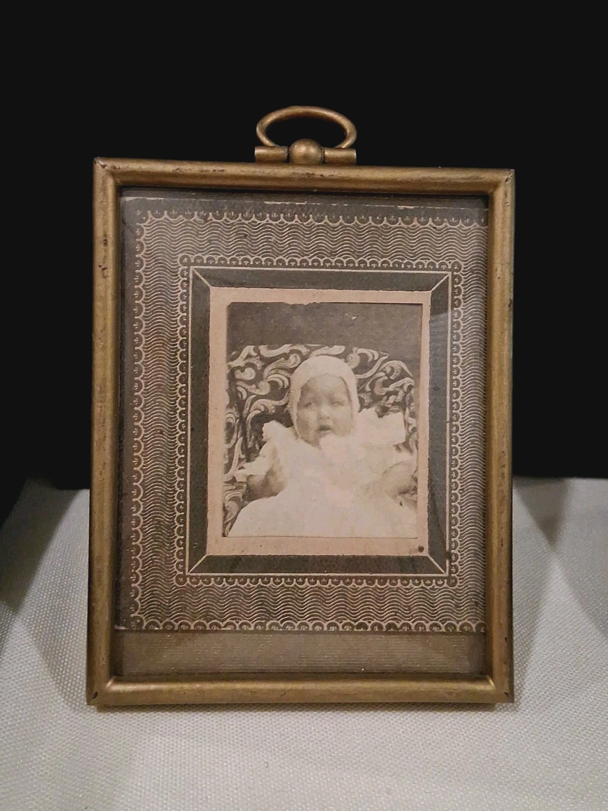 1890s Framed & Matted 1.5in Silver Albumin Photo,Infant in White Outfit With Bow