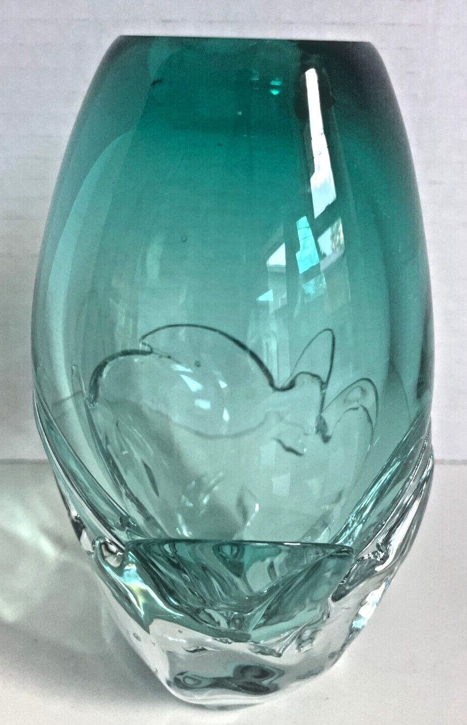 Vintage Deep Green Art Glass Hand Blown Water Droplet Splash  Vase Signed #543
