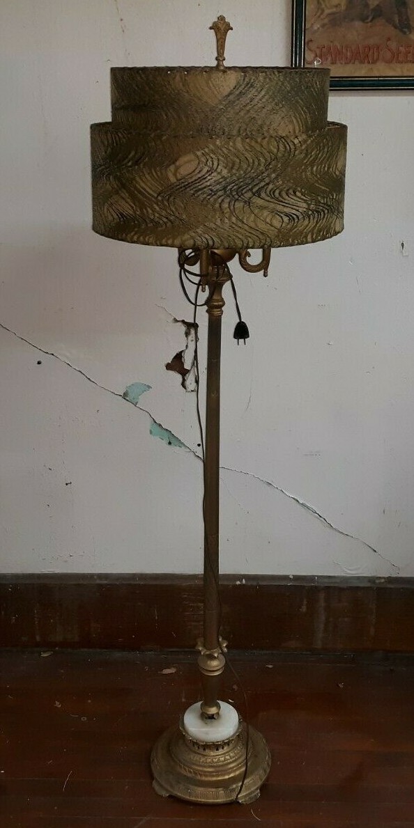 1940-50\'s Era 5 Foot Floor Lamp w Original Milk Glass & 2 Tier Fiberglass Shades