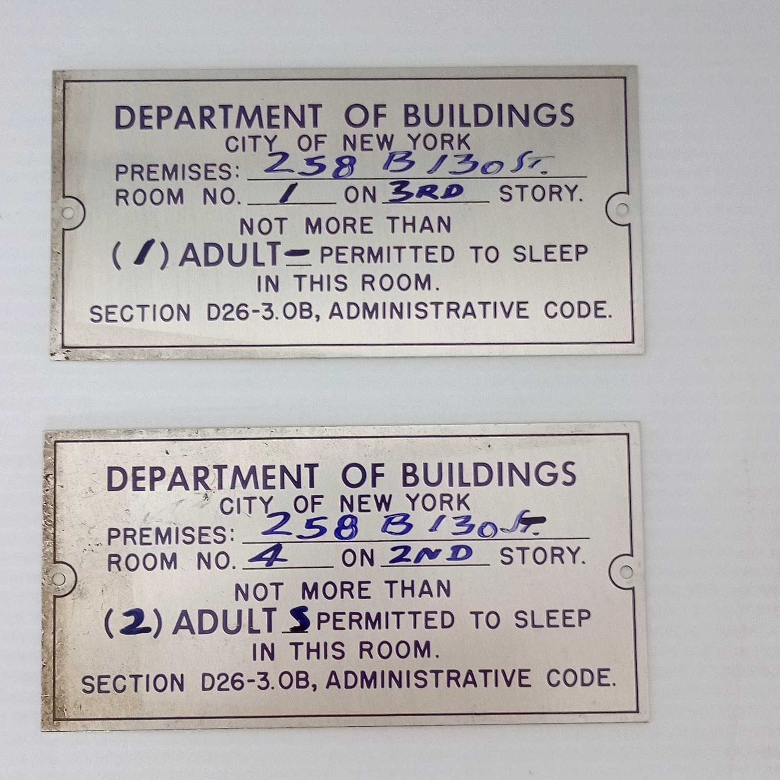 NYC Dept of Buildings Occupancy Metal Signs Vintage Room Limit Plaques Lot of 2