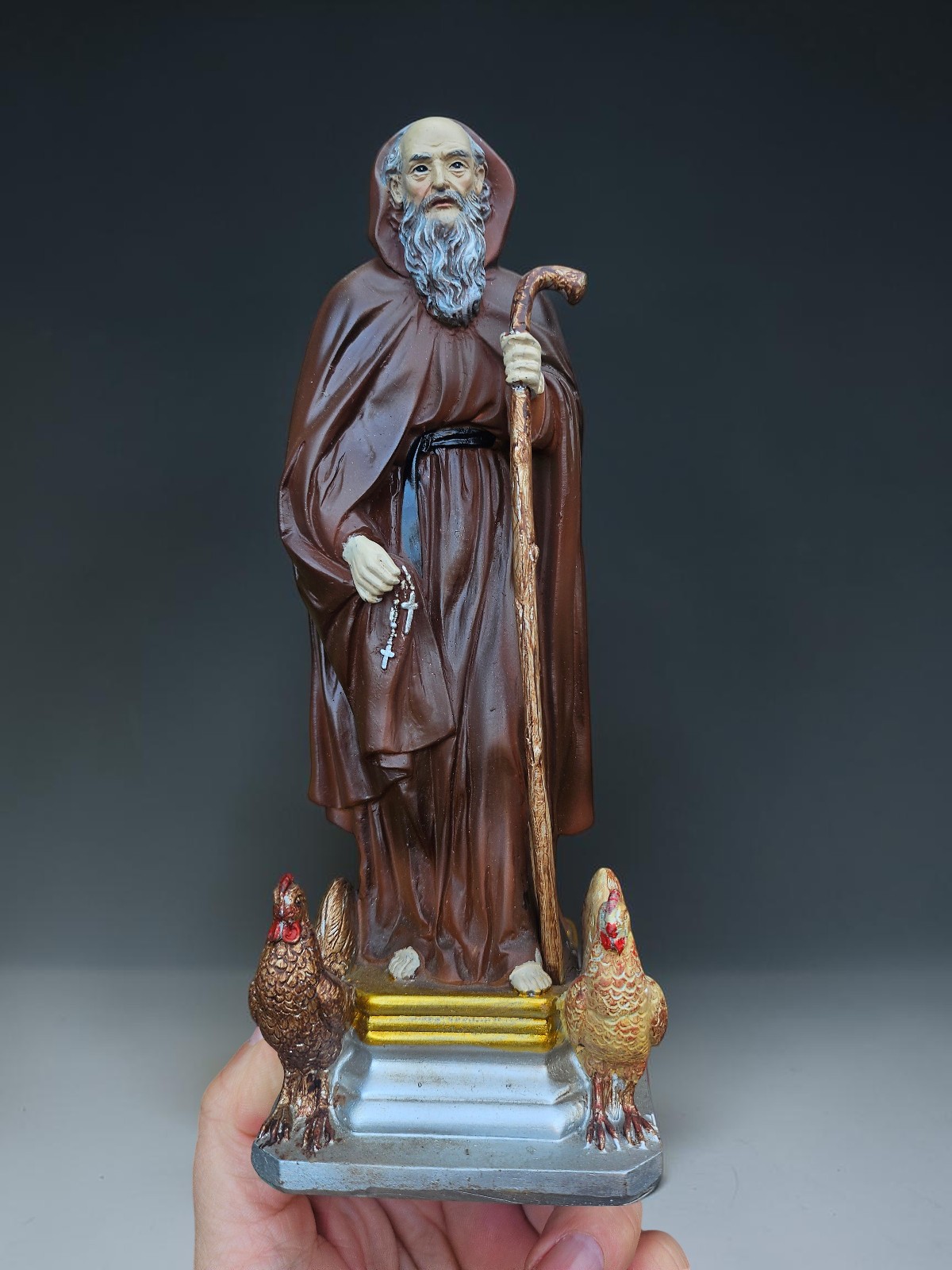Vintage 1970 Saint Dominic de la Calzada statue with chickens