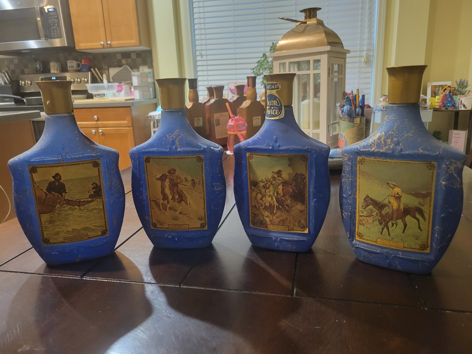 Vtg 70s JIM BEAM Beams Choice Whiskey DECANTERS Lot of 4 Blue With Gold Splatter