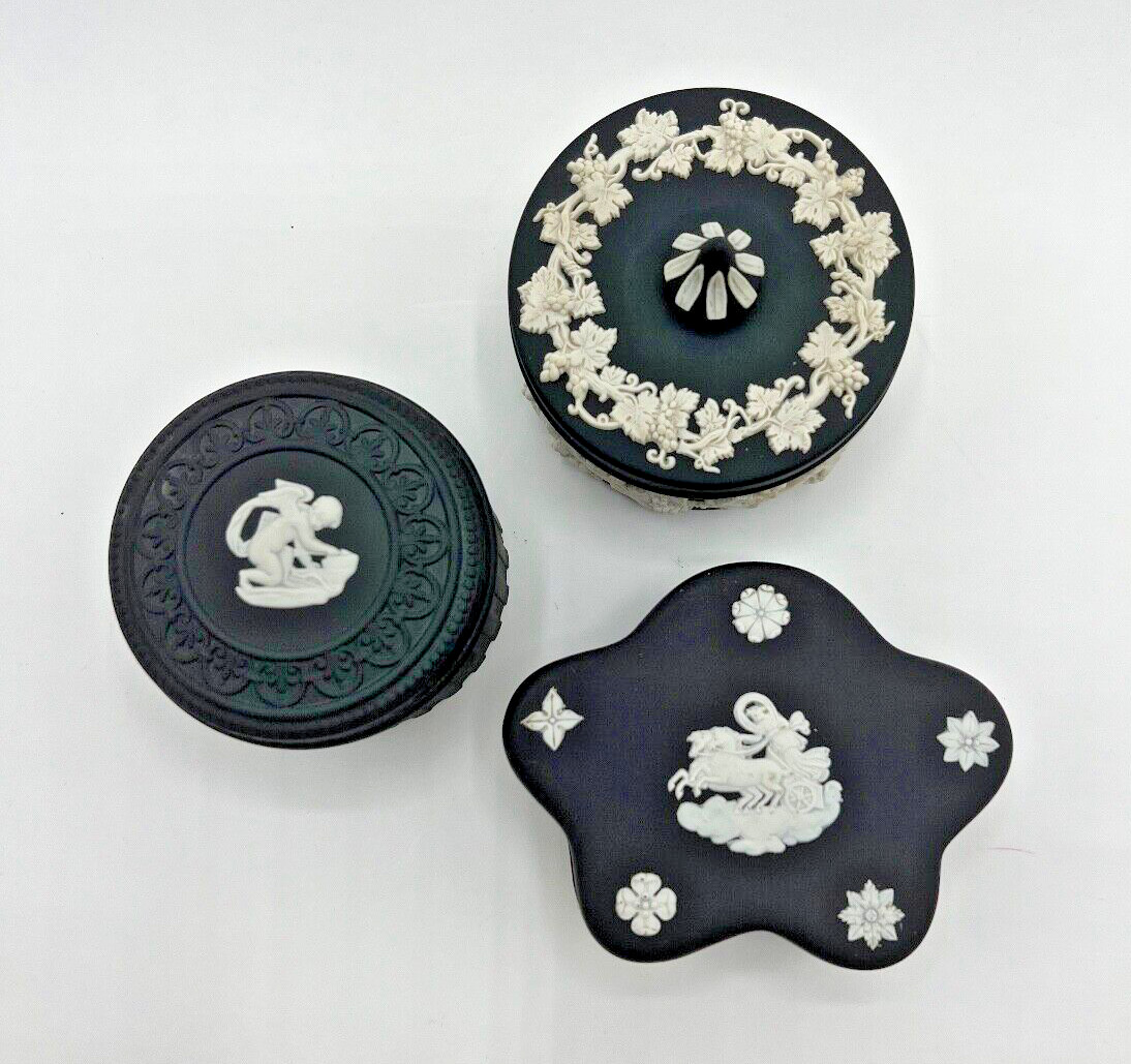 3 Wedgwood Black White Jasper Ware Covered Trinket Boxes Vintage 1960s 70s Lot B