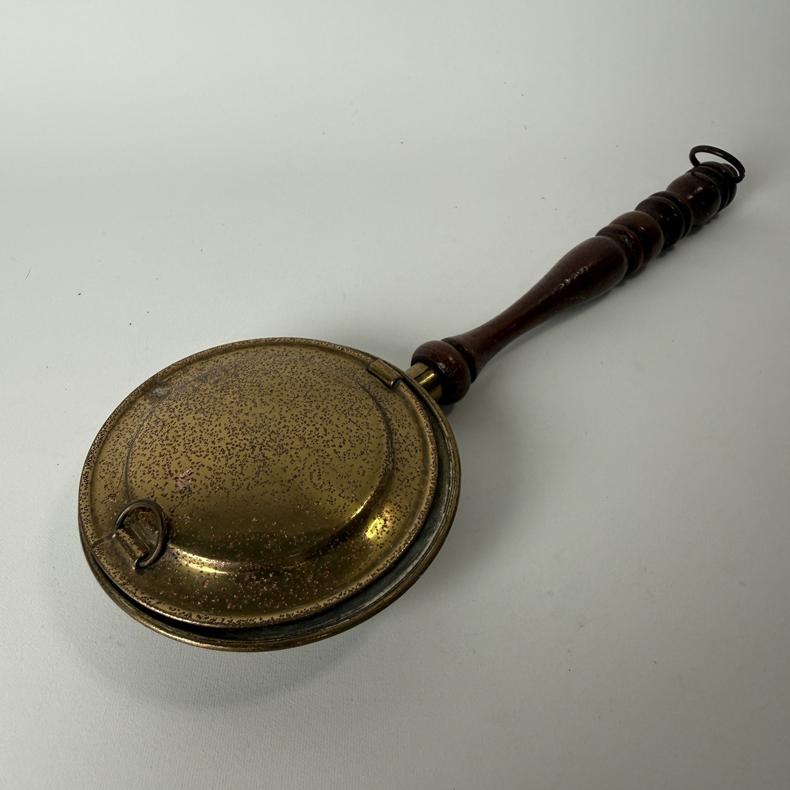Vintage Miniature Brass Bed Warmer Made In England Wood Handle Hinged Lid Rustic