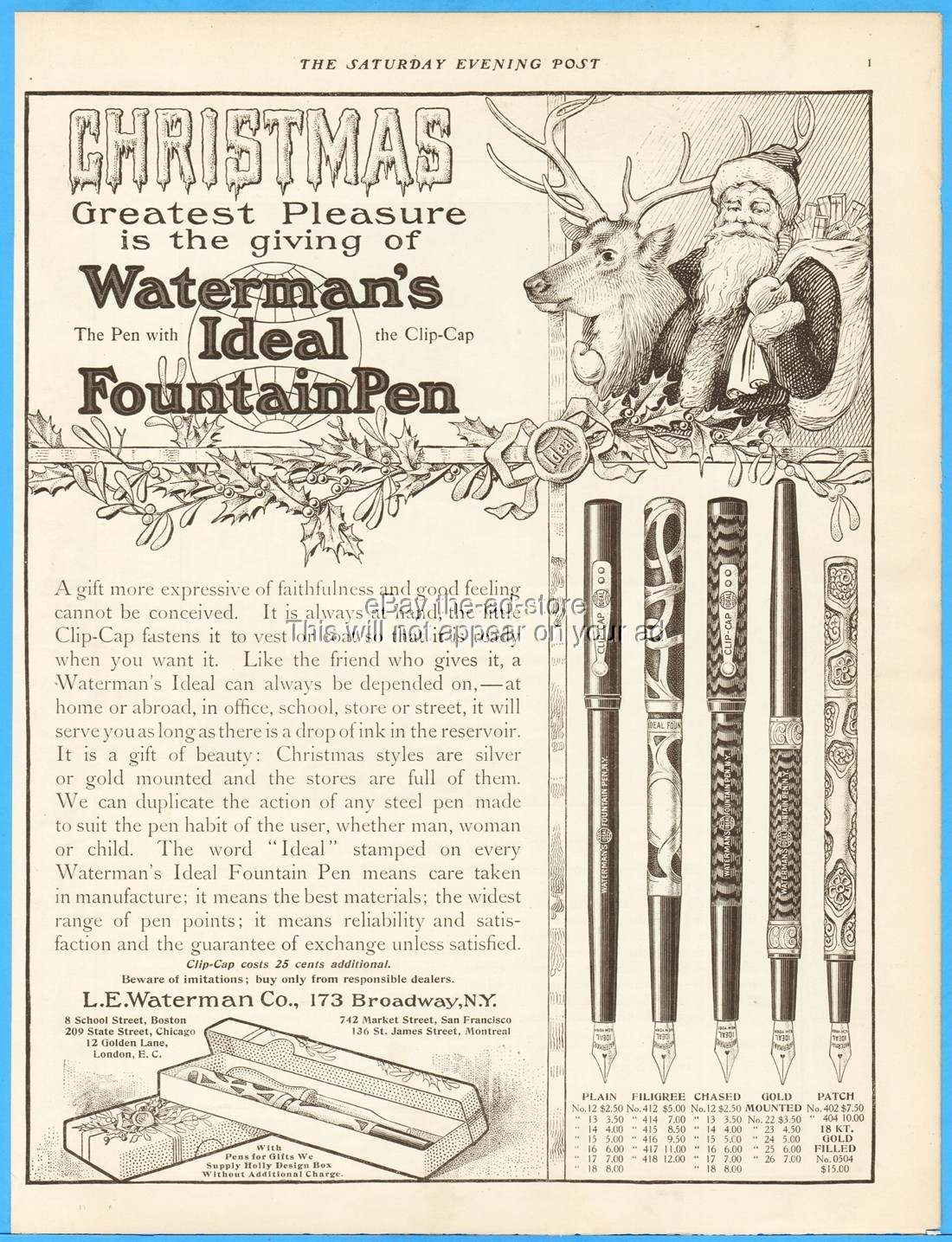 1907 Waterman\'s Ideal Fountain Pen Christmas Print Ad Santa Reindeer 5 Models
