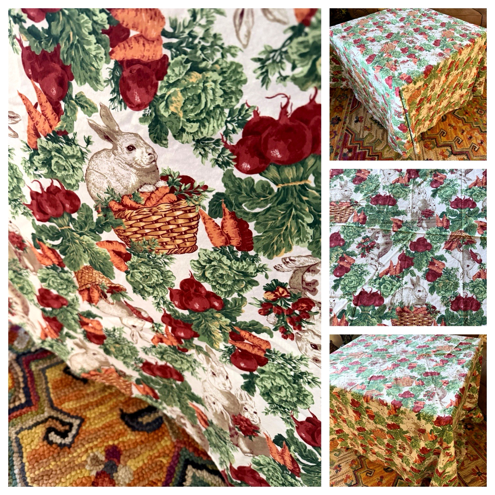 VTG 1980'S WATERFORD LINENS GARDEN & RABBITS COTTON ROUND TABLECLOTH - 87