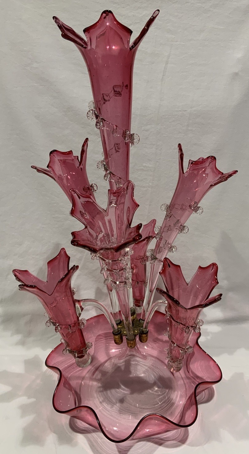 Epergne Victorian Steven’s & Williams Cranberry 7 Flutes 
