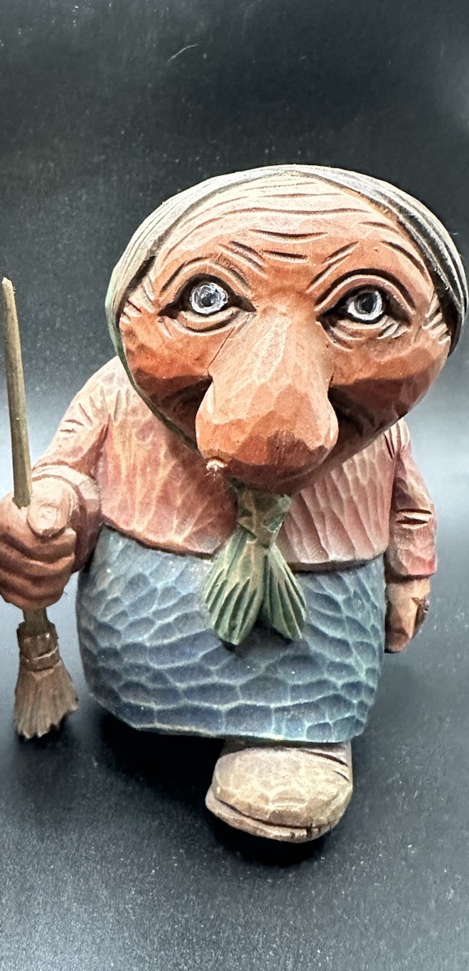 Rare Vintage Otto Sveen Mid Century Norway Hand Carved Woman Troll With Broom