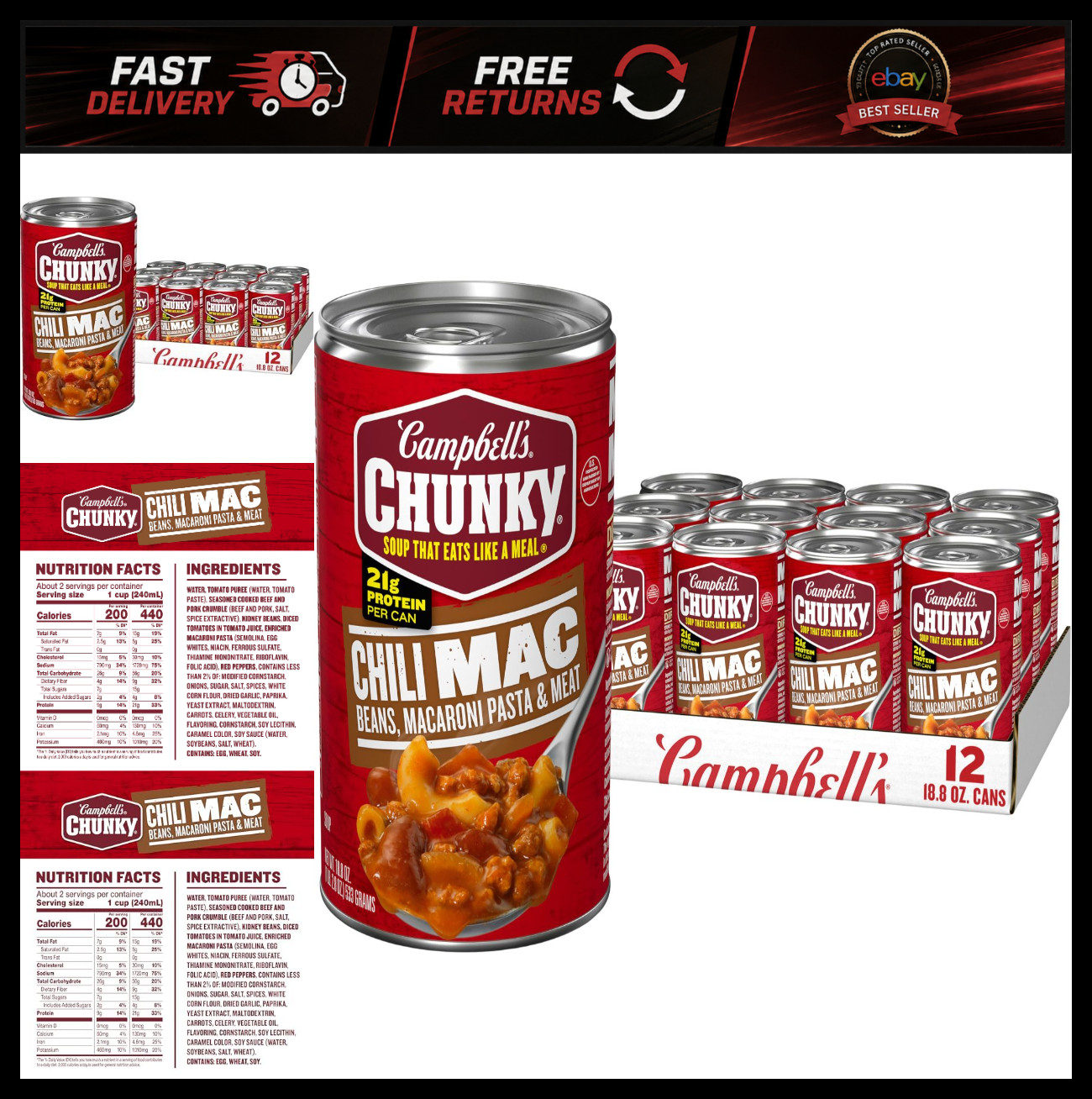 Campbell’s Chunky Chili Mac Soup, 18.8 oz Can (12 Pack)